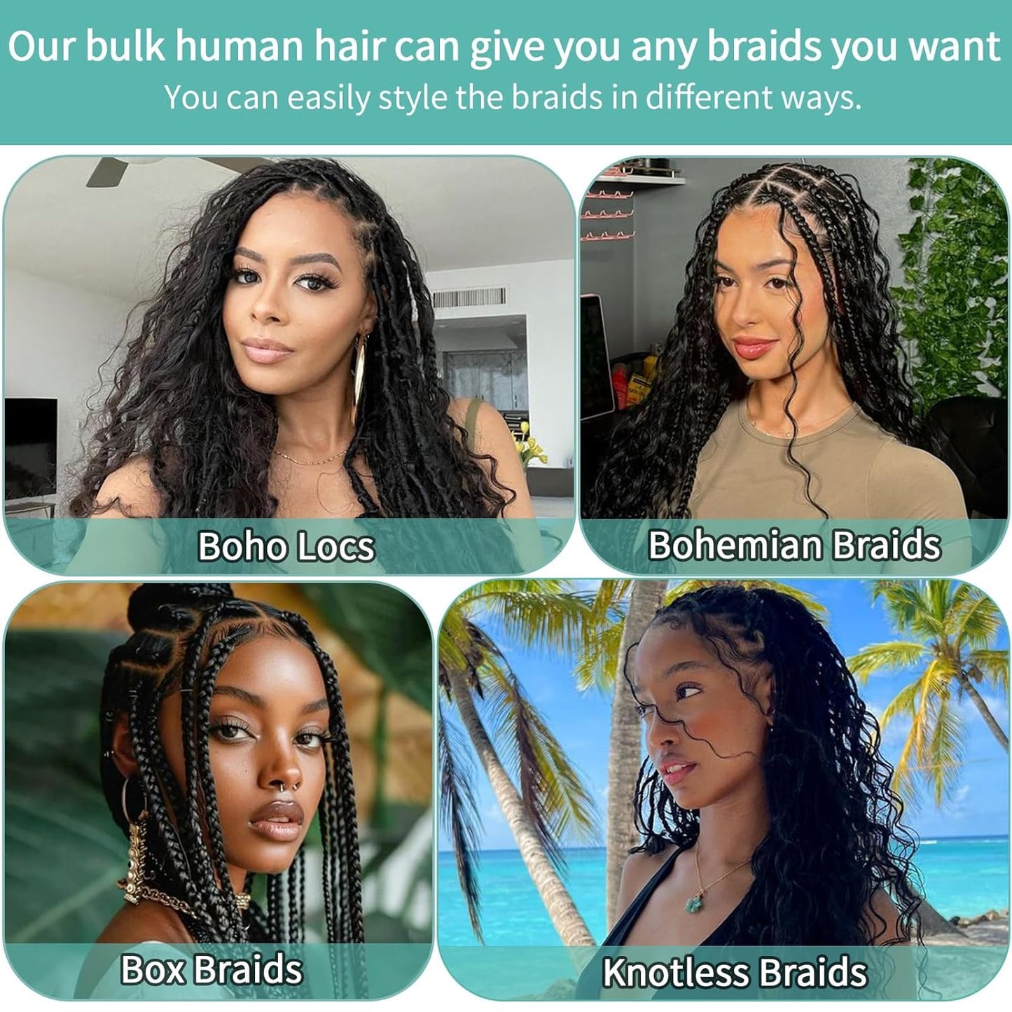 YYONG Human Braiding Hair for Boho Braids Human 100g Curly Boho Hair for Braiding Knotless Deep Wave Bulk Bohemian 2 Bundles/Pack Natural Color