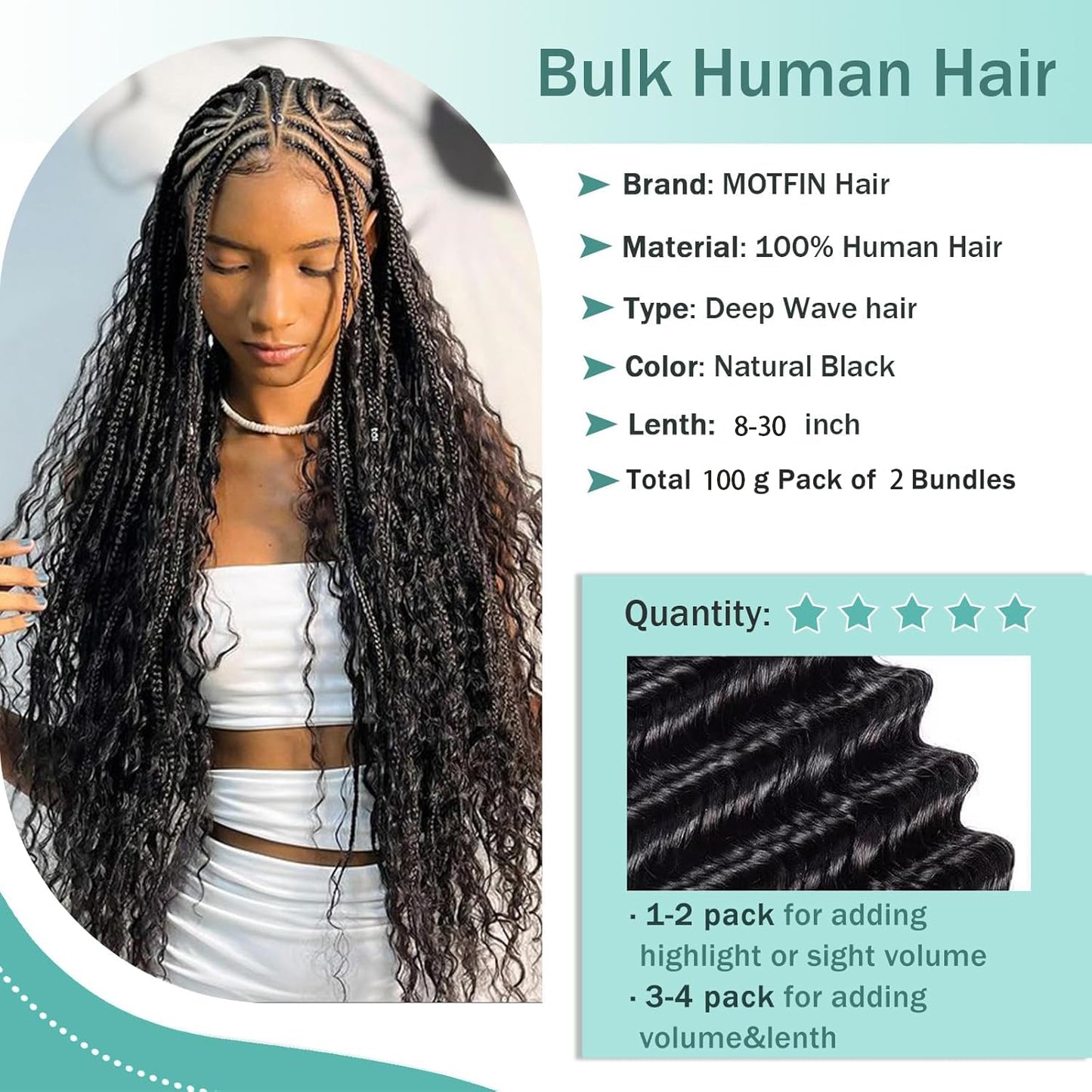 YYONG Human Braiding Hair for Boho Braids Human 100g Curly Boho Hair for Braiding Knotless Deep Wave Bulk Bohemian 2 Bundles/Pack Natural Color