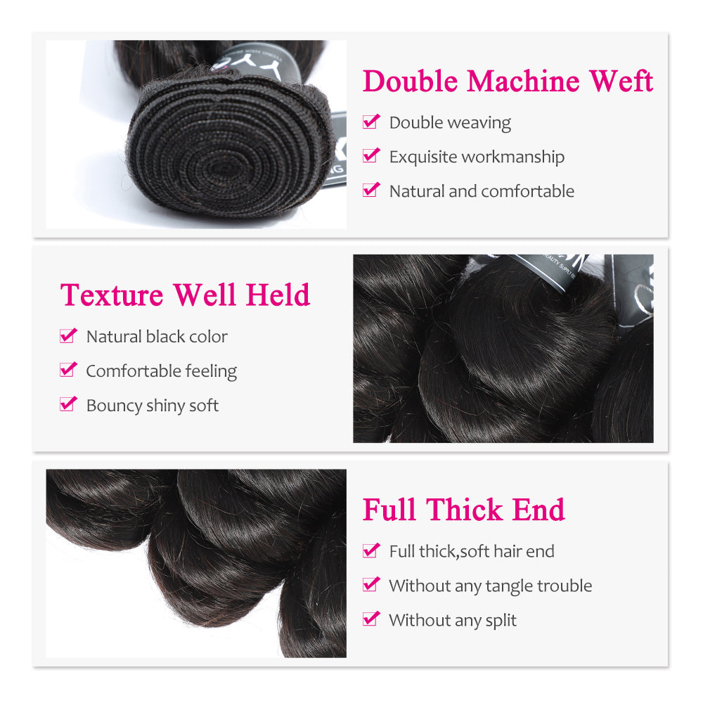 YYONG 3Pcs Loose Wave Virgin Human Hair Bundles