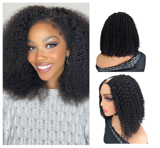 YYONG Bob Afro Kinky Curly V Part Wigs Human Hair Wigs Natural Color 8-16 inch