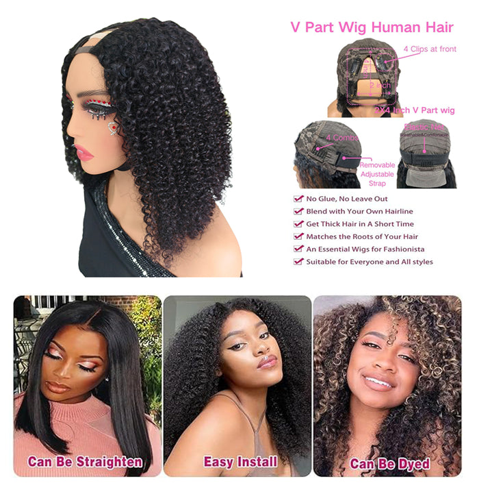 YYONG Bob Afro Kinky Curly V Part Wigs Human Hair Wigs Natural Color 8-16 inch
