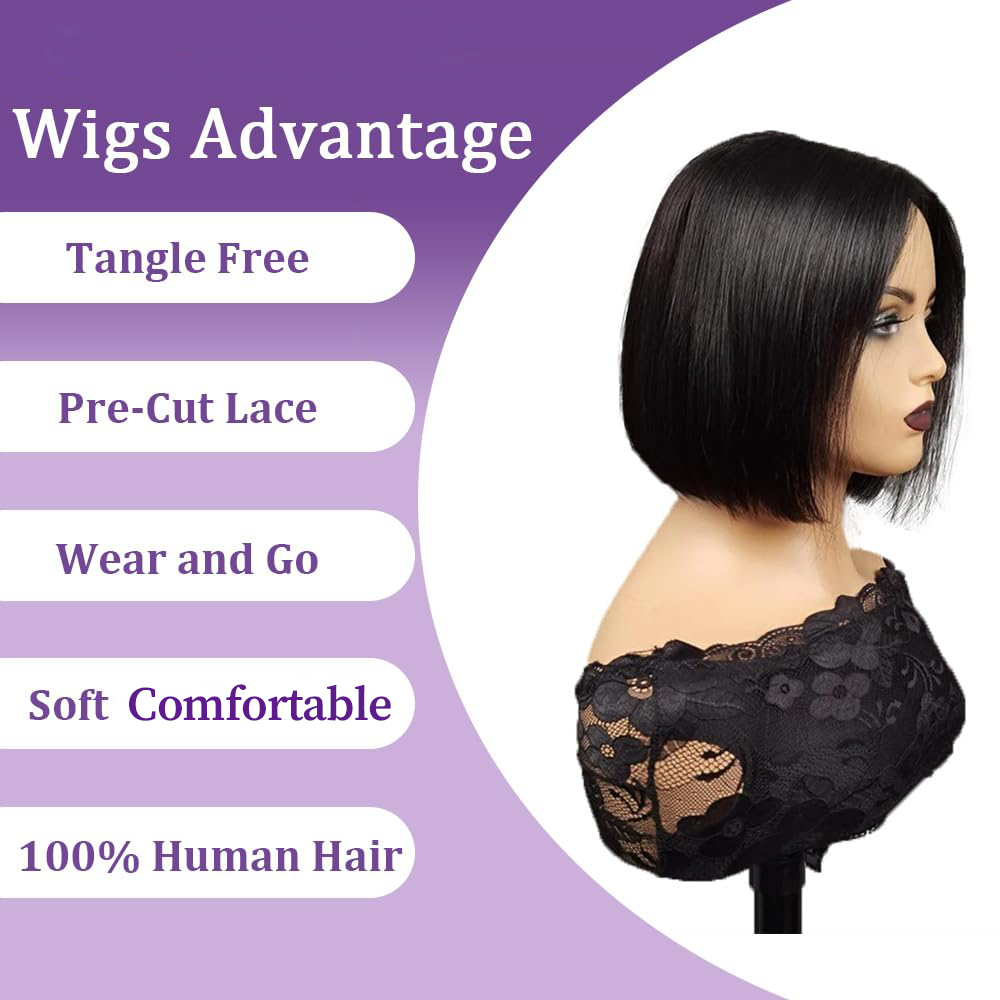 YYONG T Part 4x4 Lace Front Wigs Straight Bob Pre Cut Human Hair Wigs for Women #1B