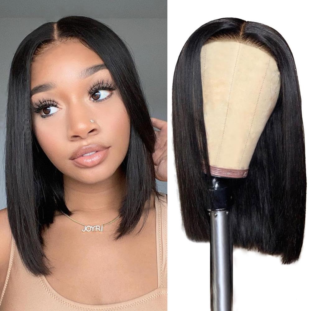 YYONG T Part 4x4 Lace Front Wigs Straight Bob Pre Cut Human Hair Wigs for Women #1B