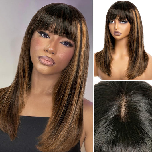 YYONG Bob Straight 3x1 Lace 1B/30 Highlight Ombre With Bangs Wigs Pre-cut Layers Human Hair Wigs