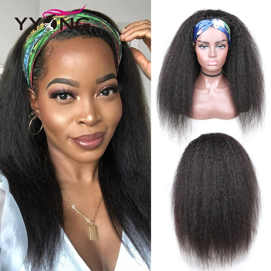 YYONG Kinky Straight Headband Wigs Human Hair Wigs None-Lace