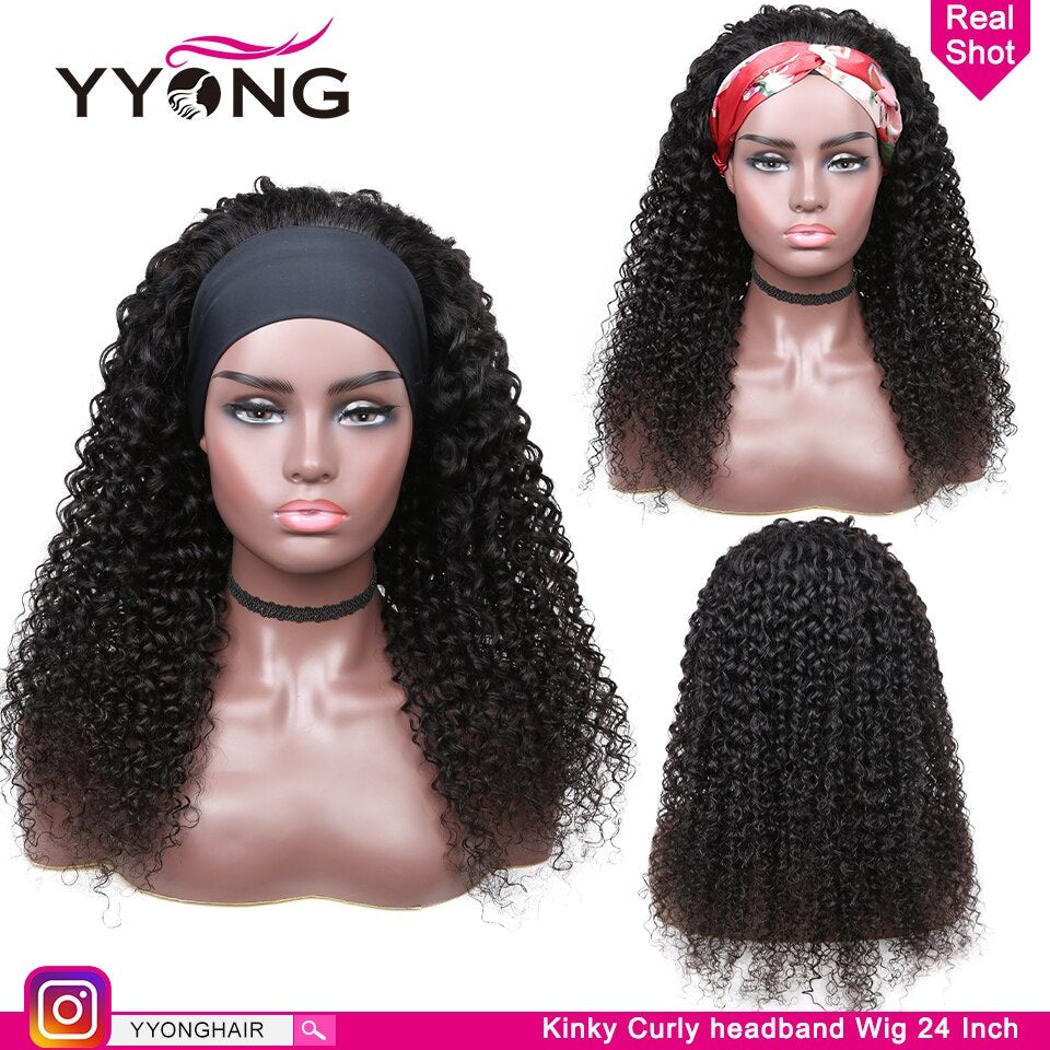 YYONG Kinky Curly Hair Headband Wigs Remy Human Hair Wigs None-Lace