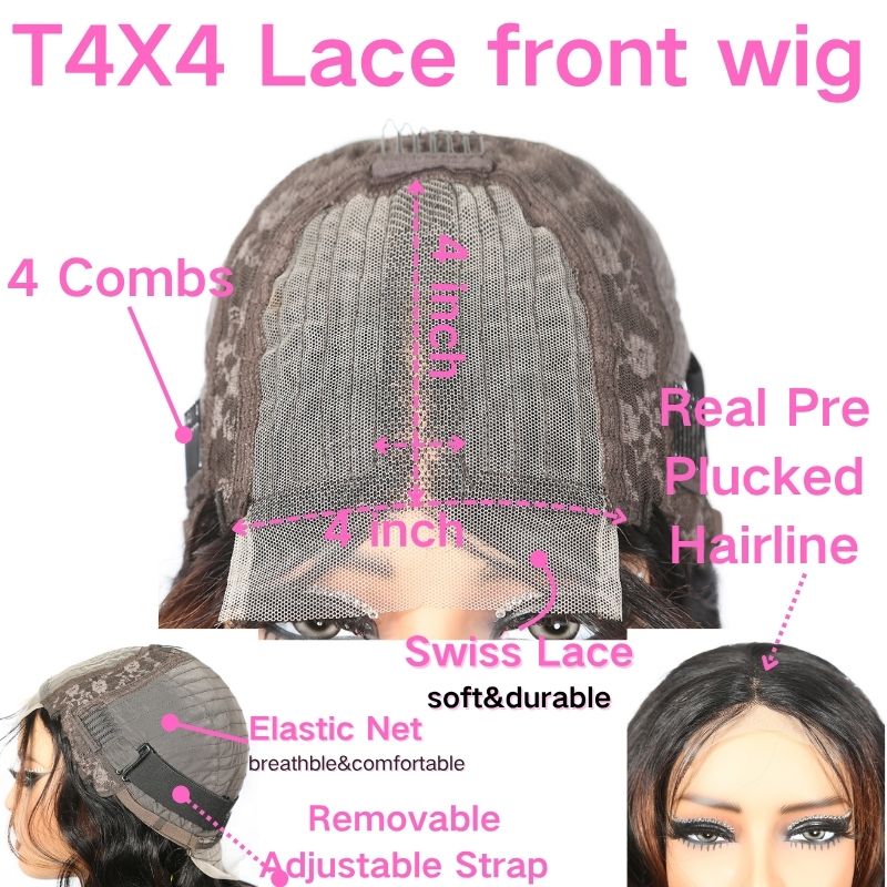 YYONG T Part 4x4 Lace Front Wigs Straight Bob Pre Cut Human Hair Wigs for Women #1B