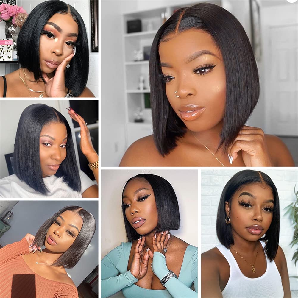 YYONG T Part 4x4 Lace Front Wigs Straight Bob Pre Cut Human Hair Wigs for Women #1B