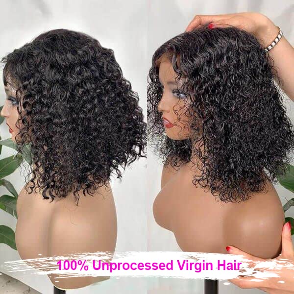YYONG T Part 4x4 Lace Front Wigs Curly Bob Pre Cut Human Hair Wigs for Women #1B