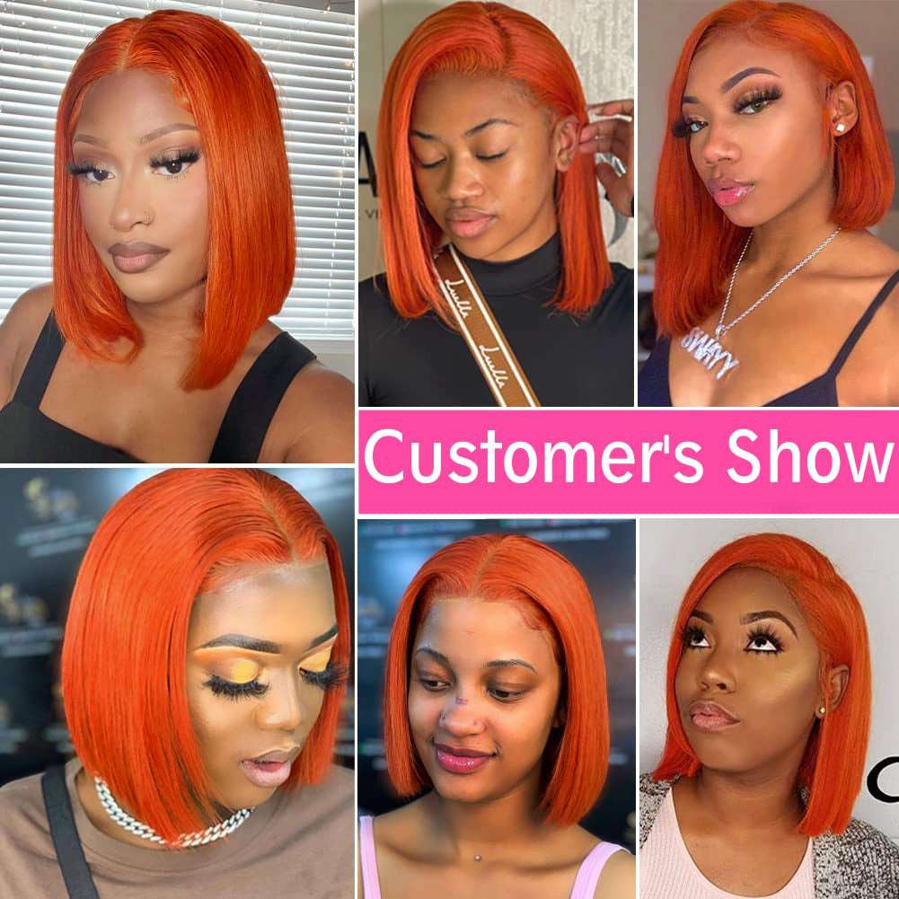 YYONG Ginger Orange Color Straight Short Bob Wigs 13x4 Lace Front Wigs Human Hair