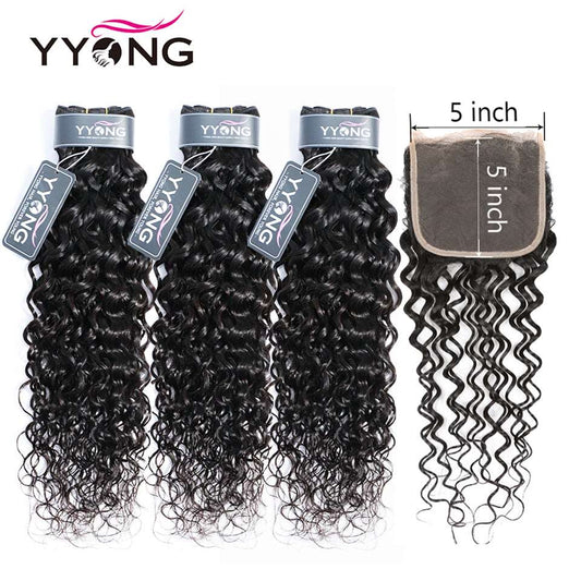 YYONG Water Wave 3 Bundles With 5x5 Closure 100% Human Hair