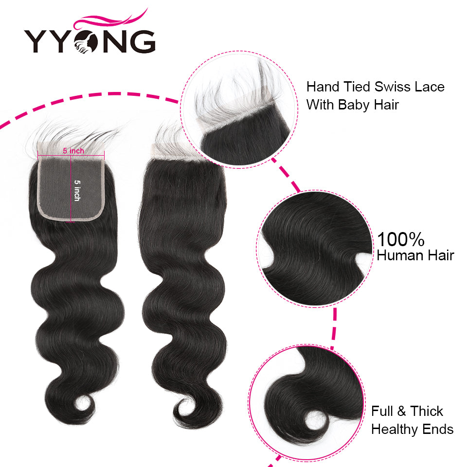 YYONG Body Wave 3 Bundles With 5x5 Closure 100% Human Hair