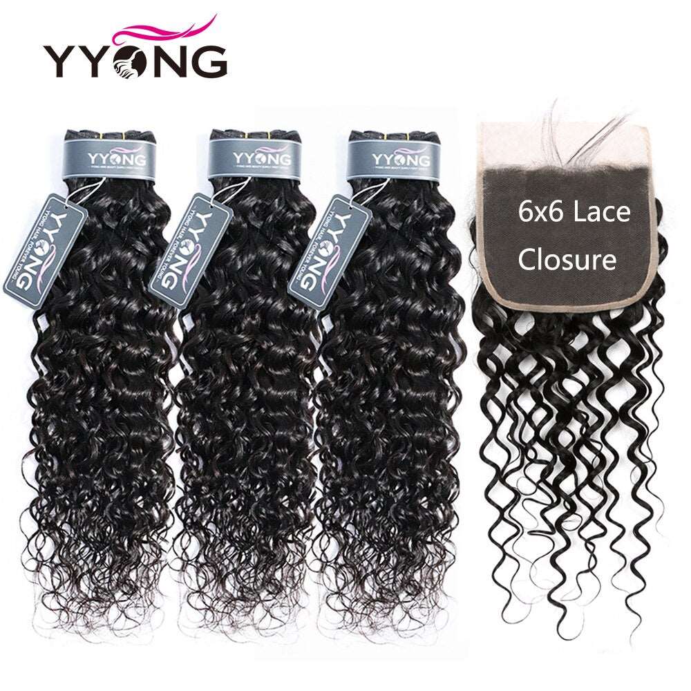 YYONG Water Wave 3 Bundles With 6x6 Closure 100% Human Hair