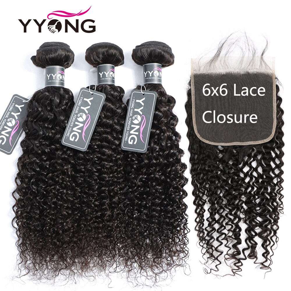 YYONG Kinky Curly 3 Bundles With 6x6 Closure 100% Human Hair