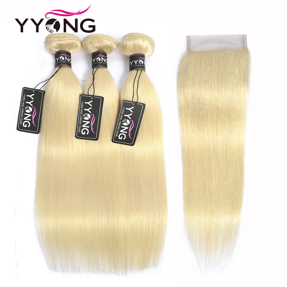 YYONG #613 Blonde Straight Hair 3 Bundles With Closure 100% Human Hair