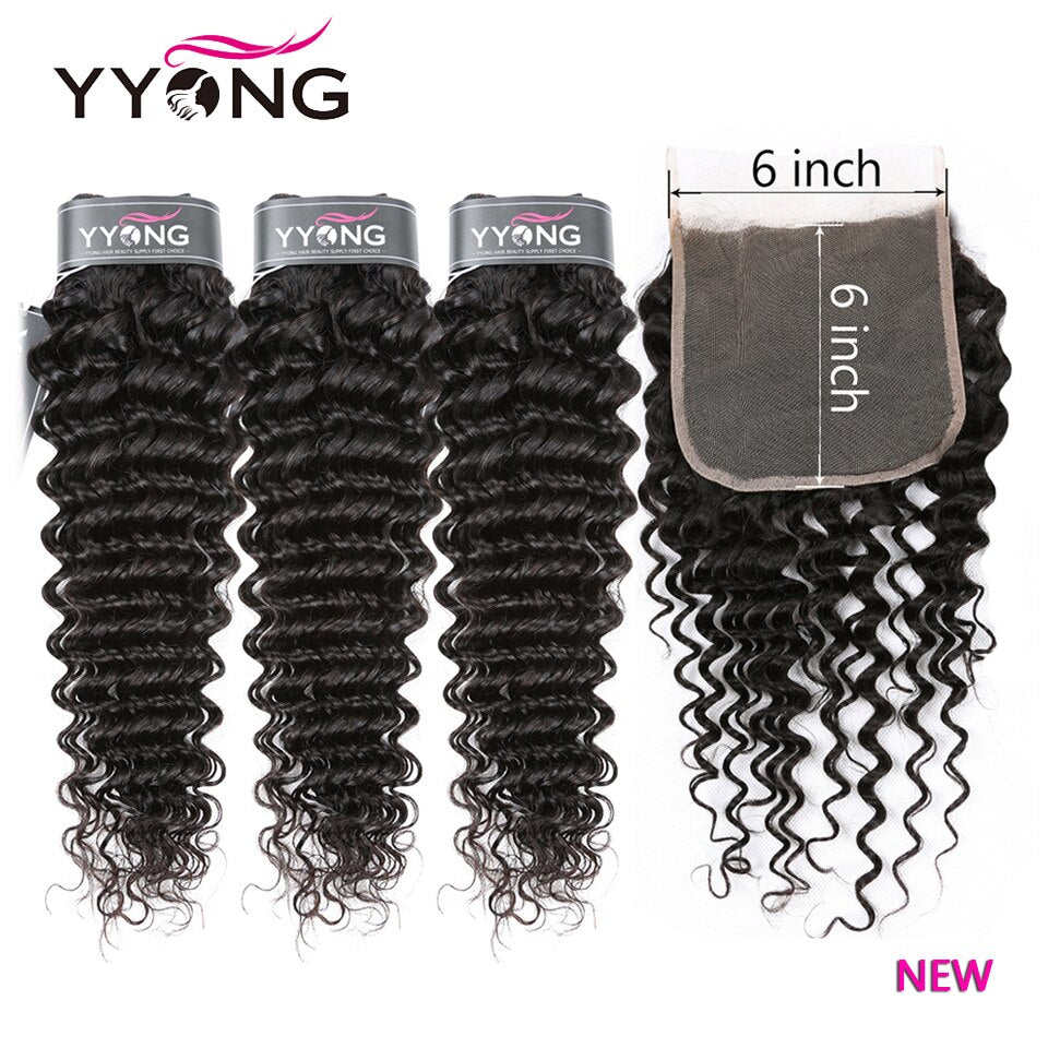 YYONG Deep Wave 3 Bundles With 6x6 Closure 100% Human Hair