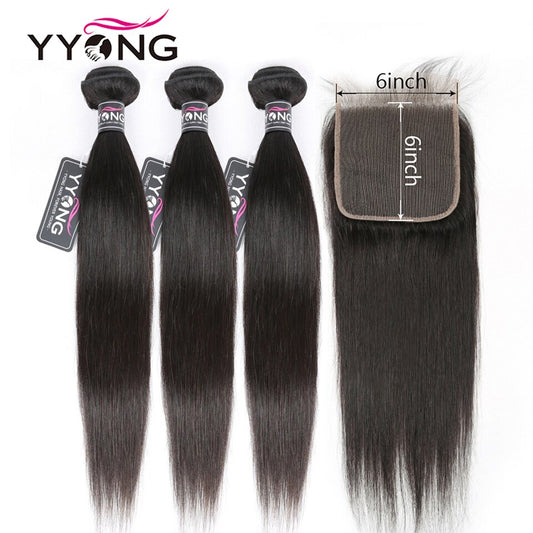 YYONG Straight Hair 3 Bundles With 6x6 Closure 100% Human Hair