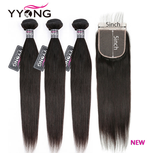 YYONG Straight Hair 3 Bundles With 5x5 Closure 100% Human Hair