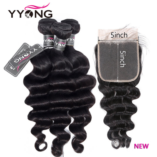 YYONG Loose Deep Wave 3 Bundles With 5x5 Closure 100% Human Hair