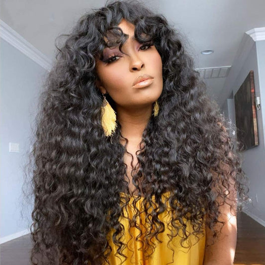 YYONG Curly Hair Wig With Bangs Machine Made Human Hair Wigs No Lace