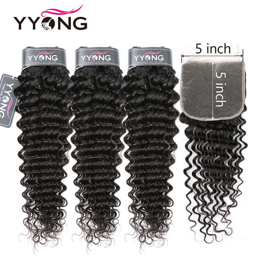 YYONG Deep Wave 3 Bundles With 5x5 Closure 100% Human Hair