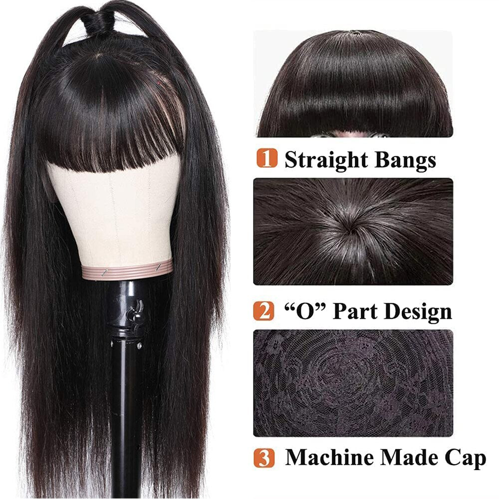 YYONG Straight Hair Wig With Bangs Machine Made Human Hair Wigs No Lace
