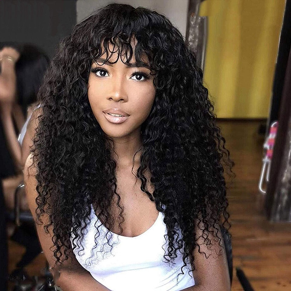 YYONG Curly Hair Wig With Bangs Machine Made Human Hair Wigs No Lace