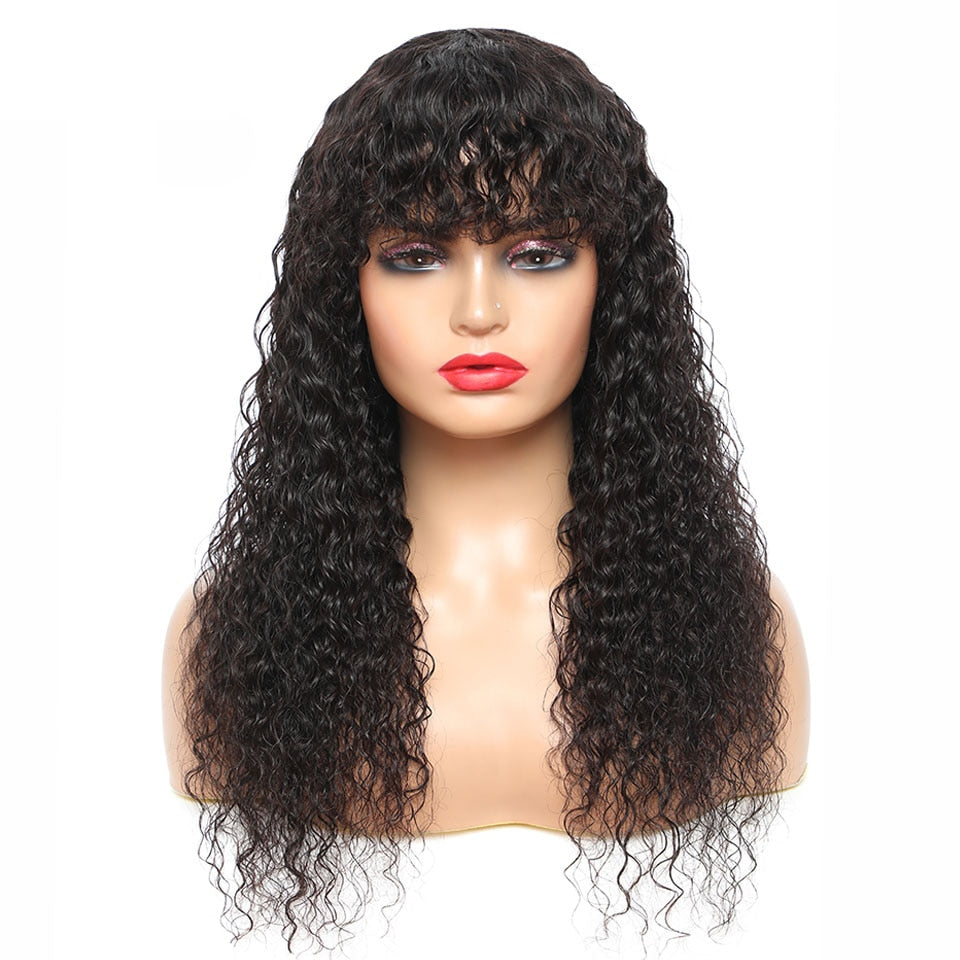 YYONG Curly Hair Wig With Bangs Machine Made Human Hair Wigs No Lace