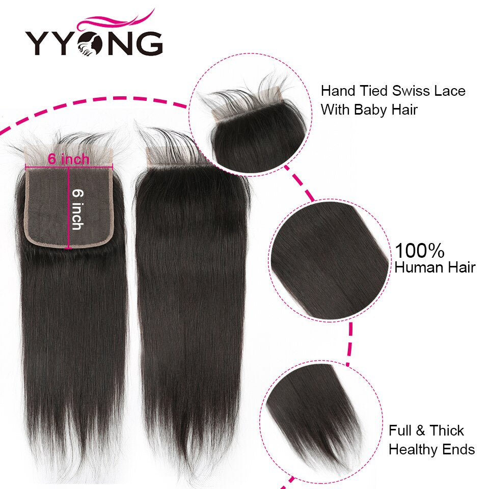 YYONG Straight Hair 3 Bundles With 6x6 Closure 100% Human Hair