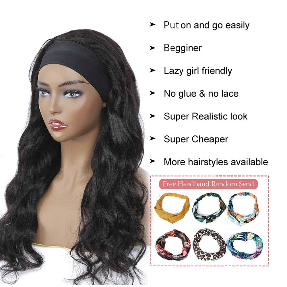 YYONG Body Wave Headband Wigs Remy Human Hair Wigs None-Lace