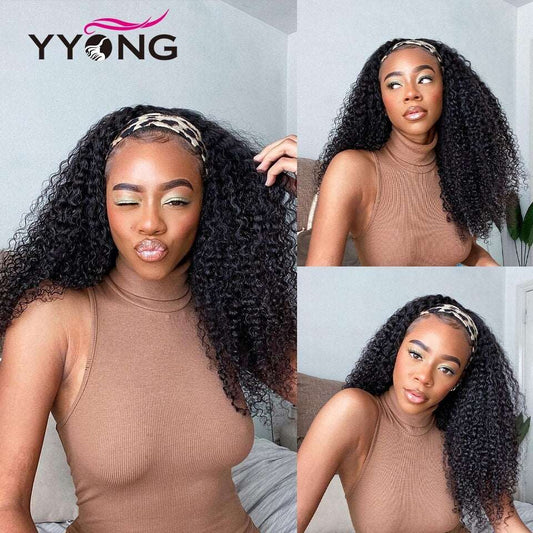 YYONG Kinky Curly Hair Headband Wigs Remy Human Hair Wigs None-Lace