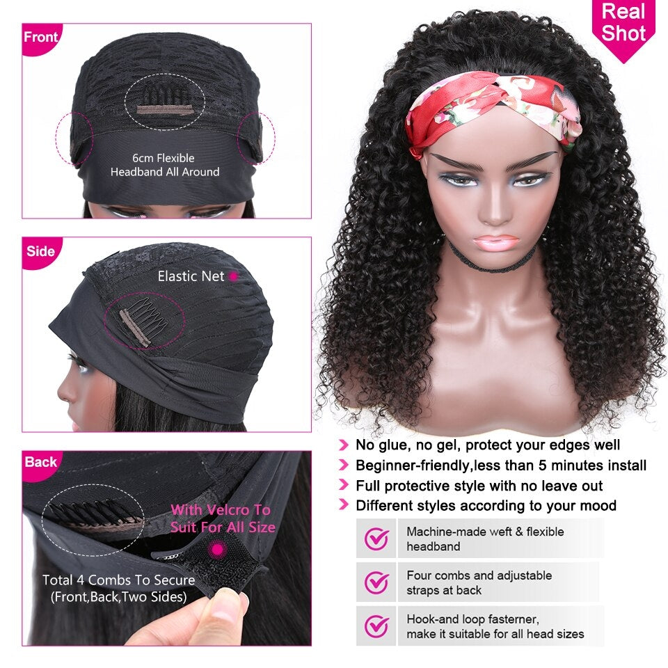 YYONG Kinky Curly Hair Headband Wigs Remy Human Hair Wigs None-Lace