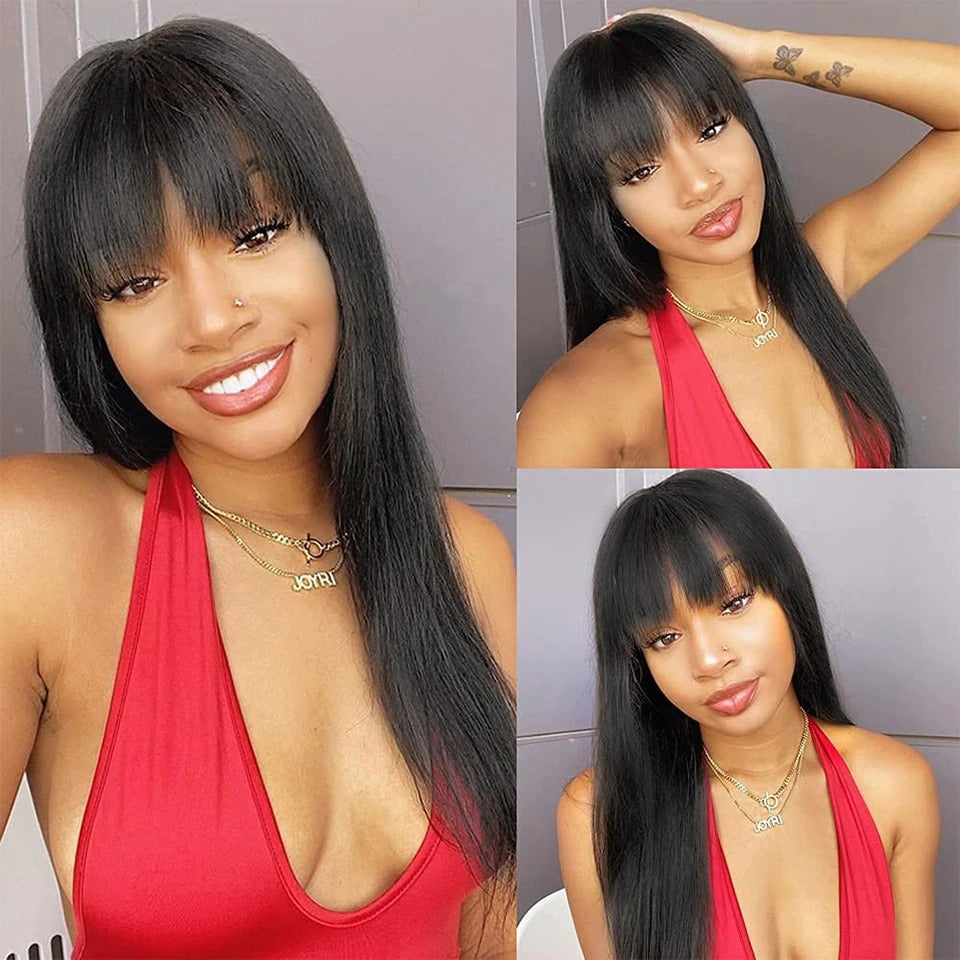 YYONG Straight Hair Wig With Bangs Machine Made Human Hair Wigs No Lace