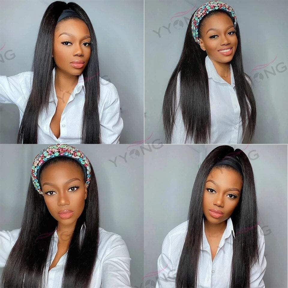 YYONG Straight Headband Wigs Remy Human Hair Wigs None-Lace