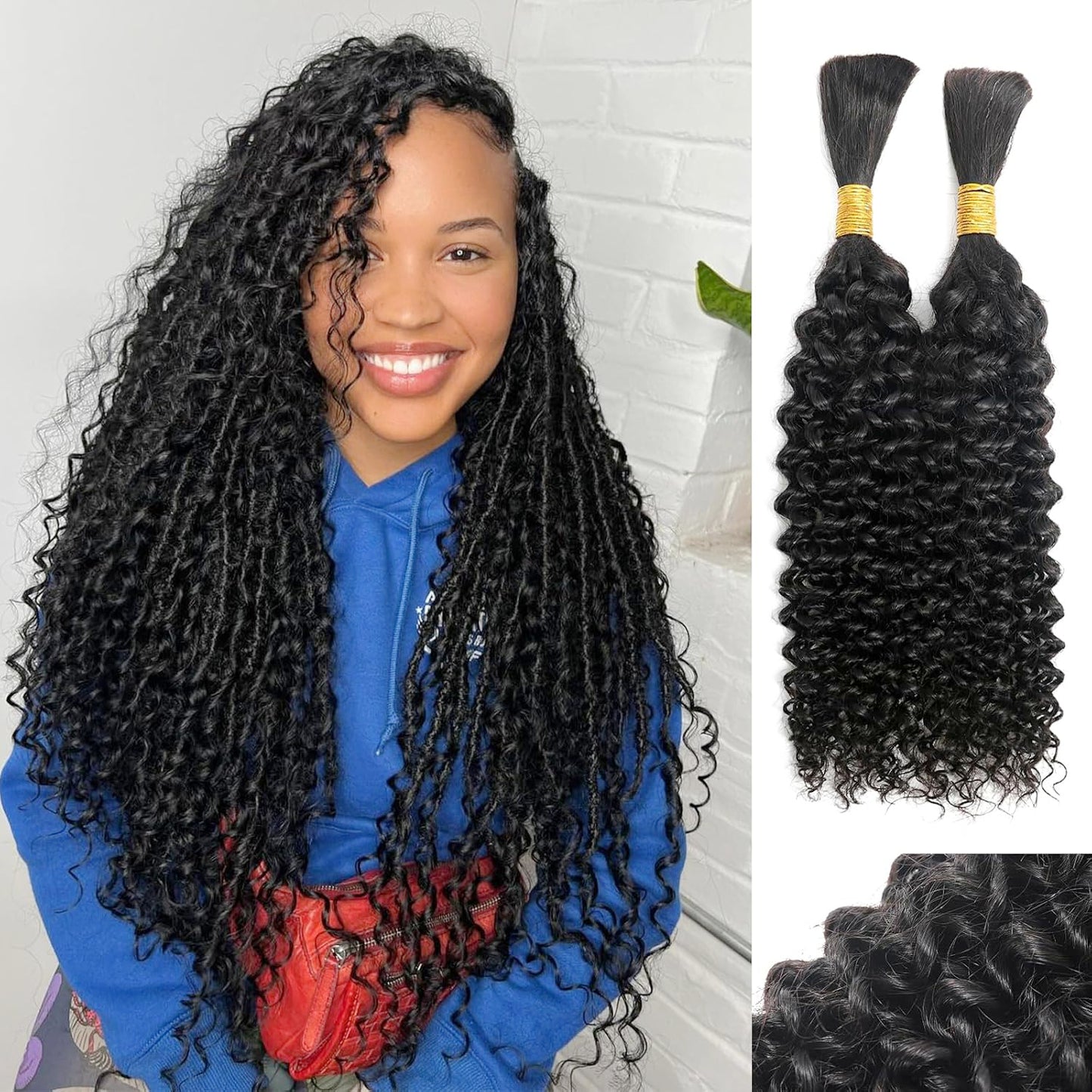 YYONG Human Braiding Hair for Boho Braids Human 100g Curly Boho Hair for Braiding Knotless Deep Wave Bulk Bohemian 2 Bundles/Pack Natural Color