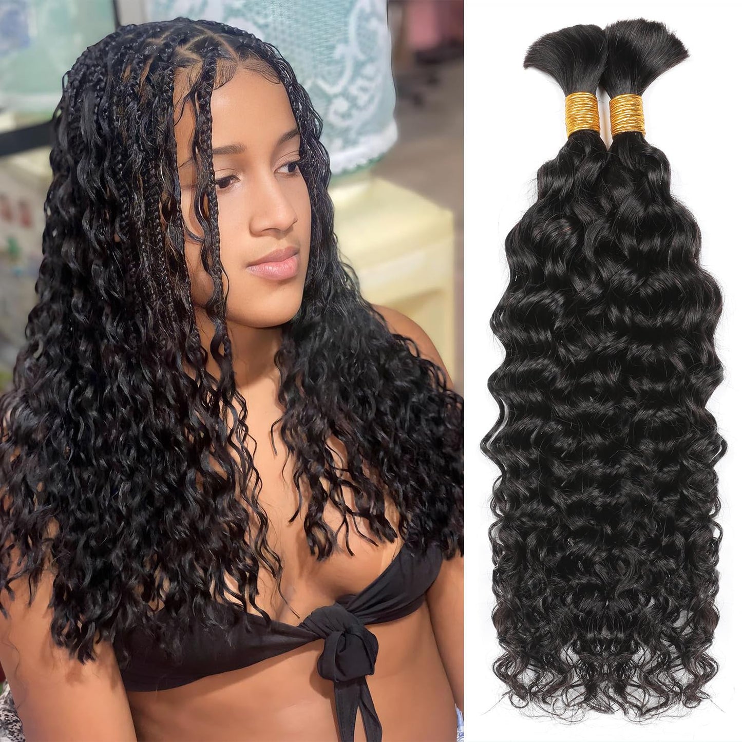 YYONG Human Braiding Hair for Boho Braids Human 100g Curly Boho Hair for Braiding Knotless Deep Wave Bulk Bohemian 2 Bundles/Pack Natural Color