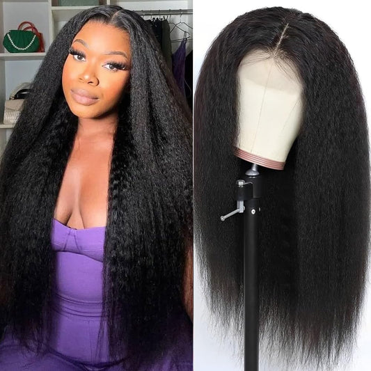 YYONG Kinky Straight Hair 4x4 T Part Lace Front Wigs Human Hair Wig #1B Natrual Black