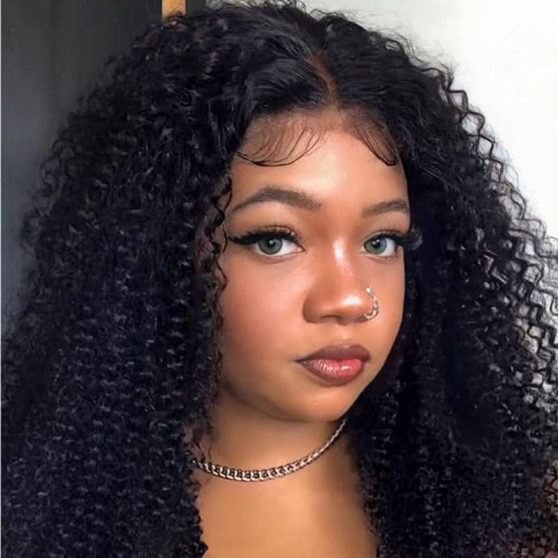 YYONG T Part 4x4 Lace Front Wigs Afro Kinky Curly Bob Pre Cut Human Hair Wigs for Women #1B