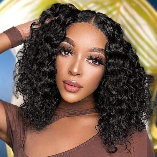 YYONG T Part 4x4 Lace Front Wigs water wave Bob Pre Cut Human Hair Wigs for Women #1B