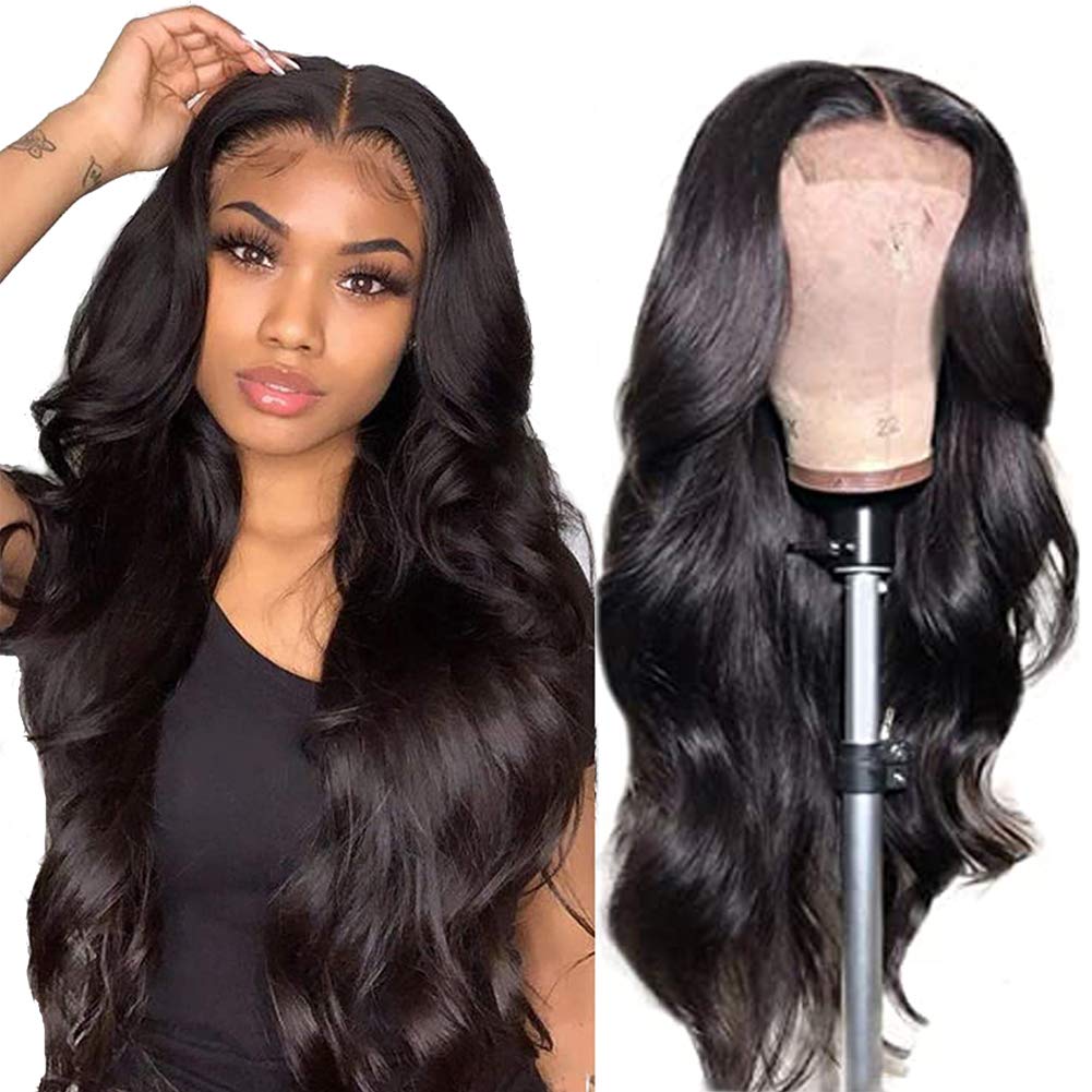 YYONG Body Wave Hair 4x4 T Part Lace Front Wigs Human Hair Wig #1B Natrual Black