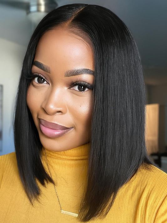 YYONG T Part 4x4 Lace Front Wigs Straight Bob Pre Cut Human Hair Wigs for Women #1B