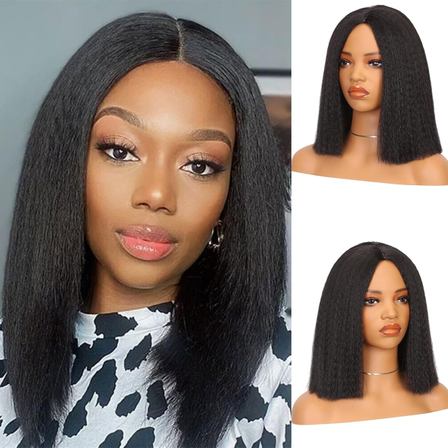 YYONG T Part 4x4 Lace Front Wigs Kinky Straight Bob Pre Cut Human Hair Wigs for Women #1B