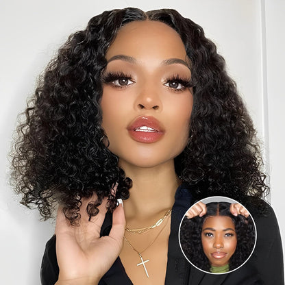YYONG T Part 4x4 Lace Front Wigs Curly Bob Pre Cut Human Hair Wigs for Women #1B