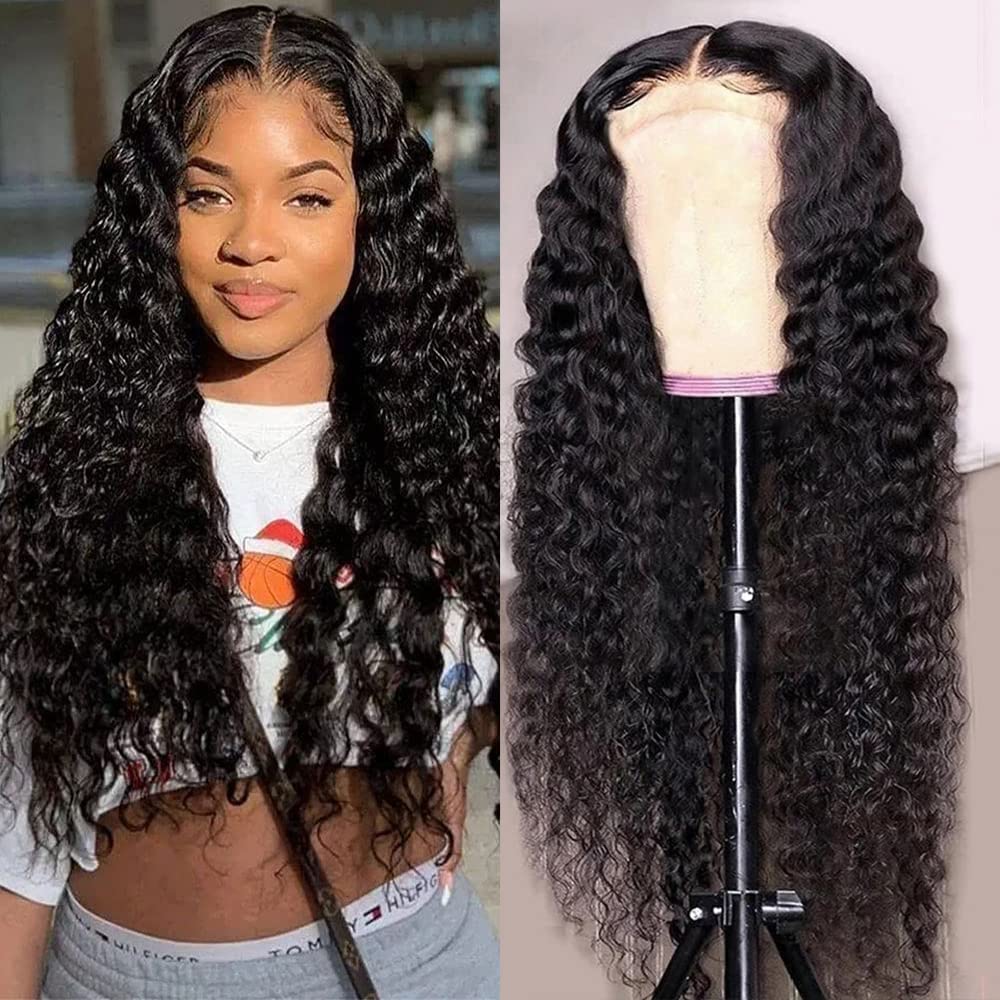 YYONG Deep Wave Hair 4x4 T Part Lace Front Wigs Human Hair Wig #1B Natrual Black