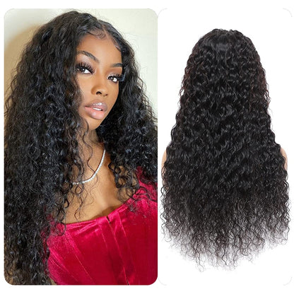 YYONG Water Wave Hair 4x4 T Part Lace Front Wigs Human Hair Wig #1B Natrual Black