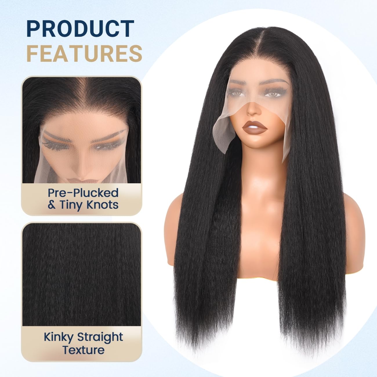 YYONG Kinky Straight 13x6x1 T-part Lace Front Wigs Human Hair Wigs #1B 12-34 Inch