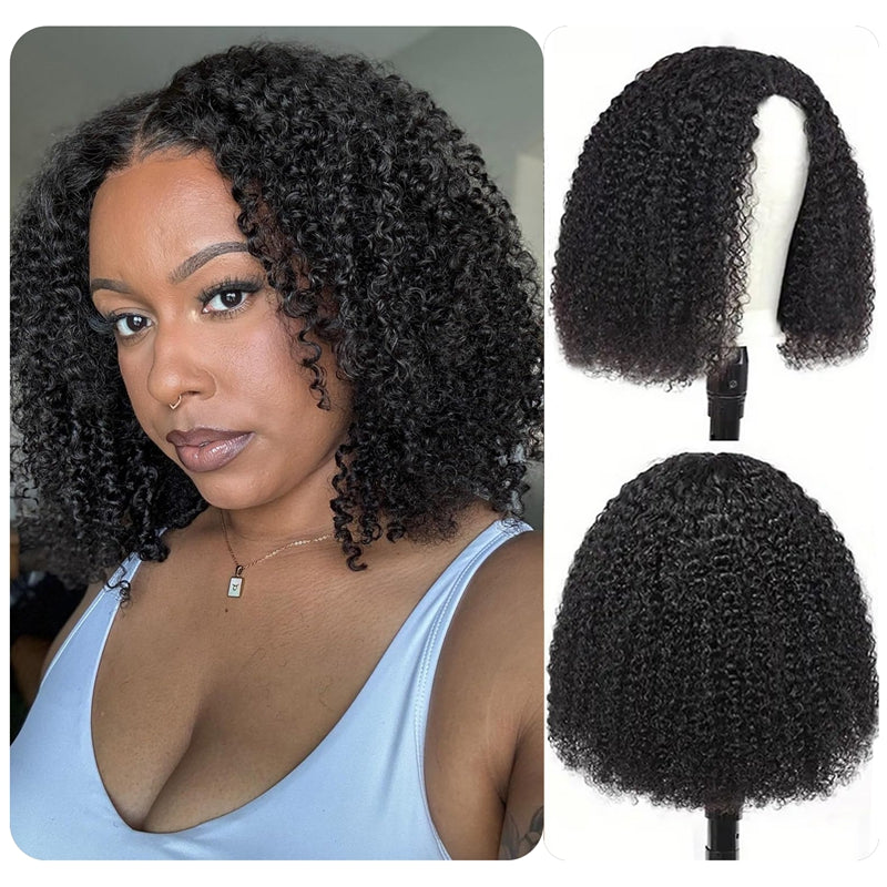 YYONG T Part 4x4 Lace Front Wigs Afro Kinky Curly Bob Pre Cut Human Hair Wigs for Women #1B