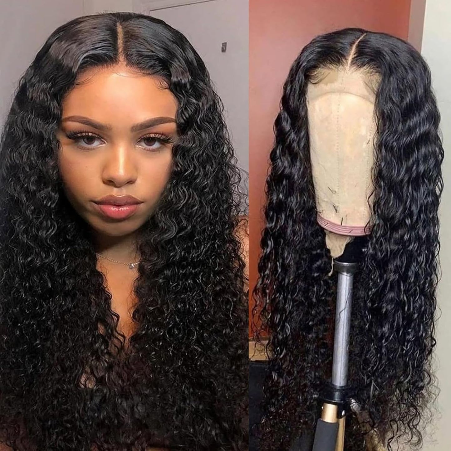 YYONG Deep Wave Hair 4x4 T Part Lace Front Wigs Human Hair Wig #1B Natrual Black