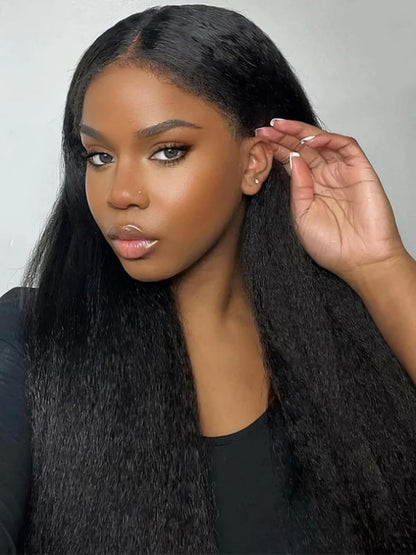 YYONG Kinky Straight Hair 4x4 T Part Lace Front Wigs Human Hair Wig #1B Natrual Black