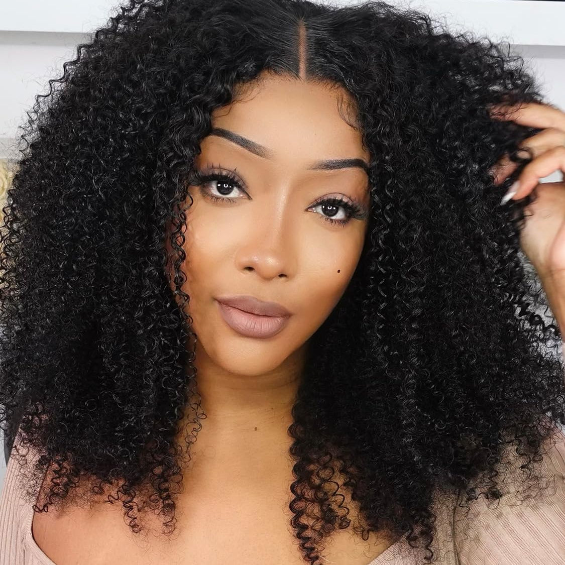 YYONG Afro Kinky Curly Hair 4x4 T Part Lace Front Wigs Human Hair Wig #1B Natrual Black